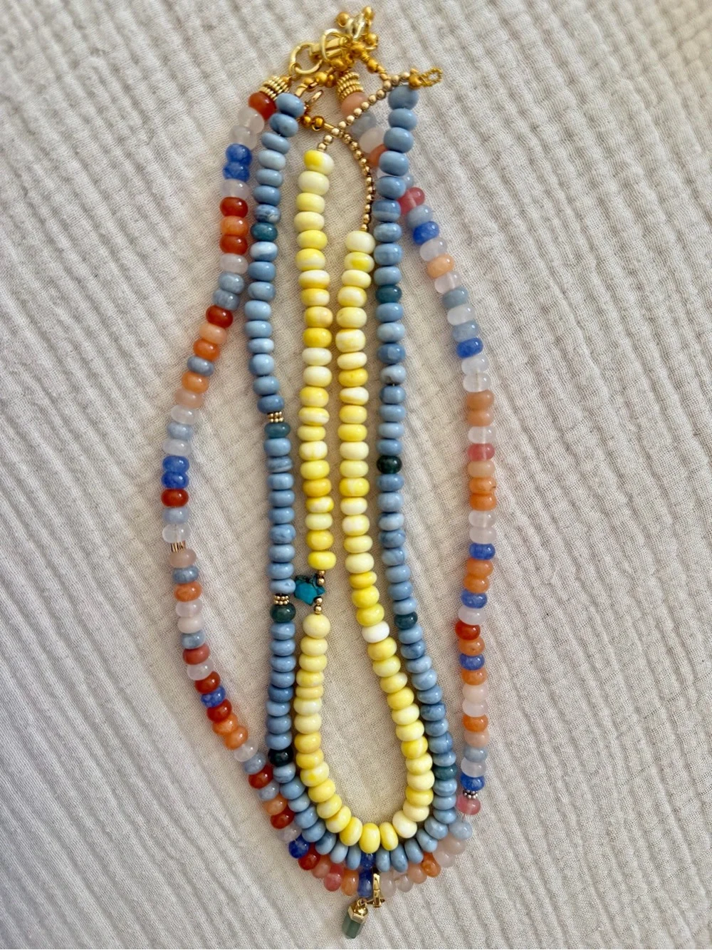 Blue Orange Pink Multicolor Jade Crystal Beaded Necklace with Green Gold Charm